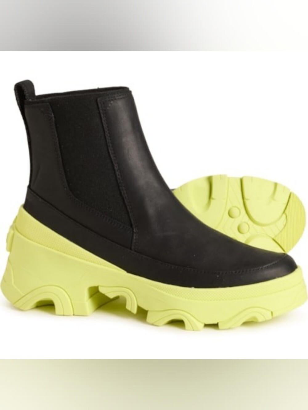 NWT Sorel Black Brex Chelsea Ankle Boot w Neon Green Lug Sole Sz 10 Waterproof